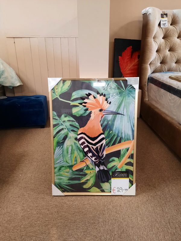 a colourful canvas depicting a bird with peach, black and white feathers surrounded by a jungle scene