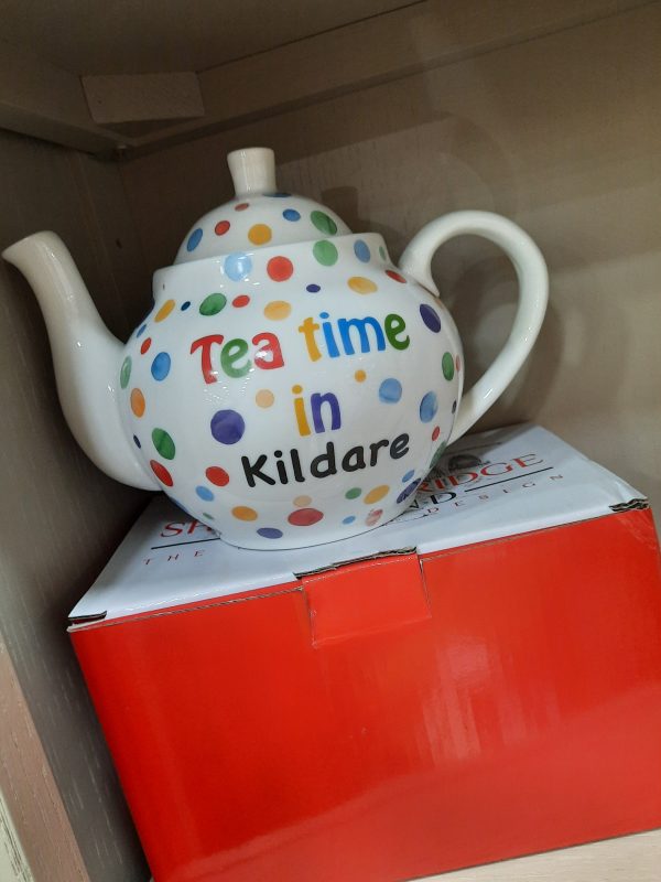 a doted teapot with teatime in kildare written on it