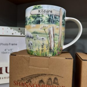 a mug with a countryside background and a signpost that points to kildare