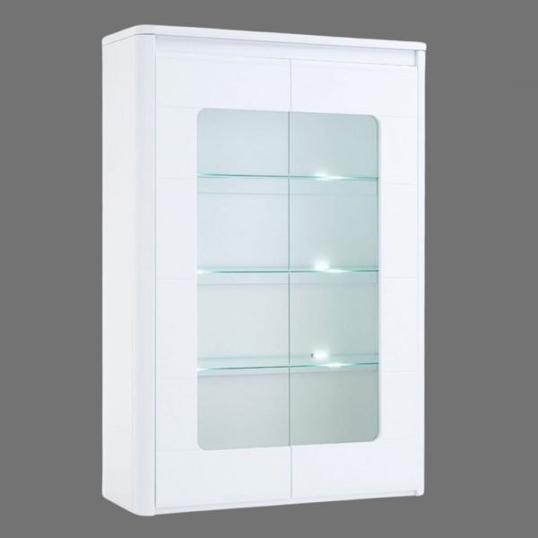 an image of a 2 door white high gloss display unit with glass shelves and led lighting