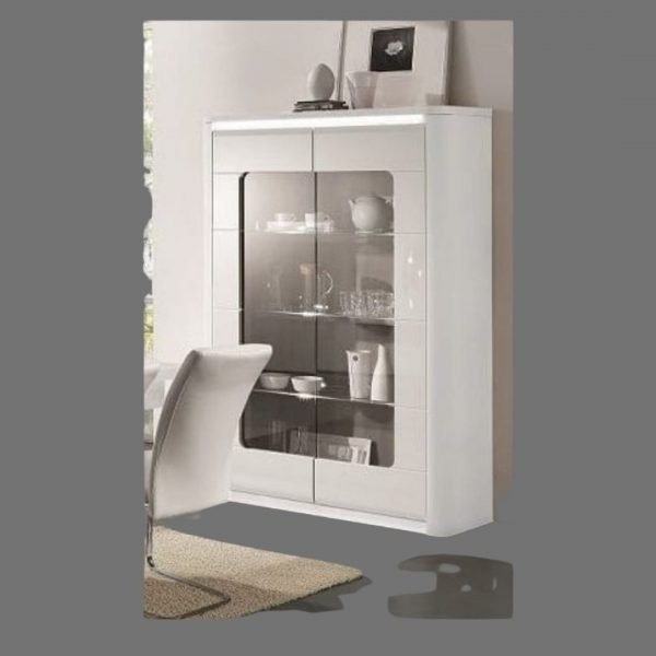 an image of a 2 door white high gloss display unit with glass shelves and led lighting