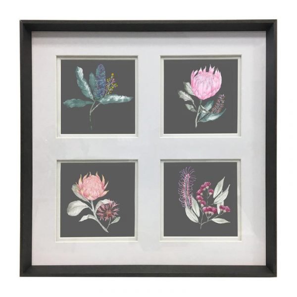 an image of 4 floral watercolour paintings mounted in one wooden frame