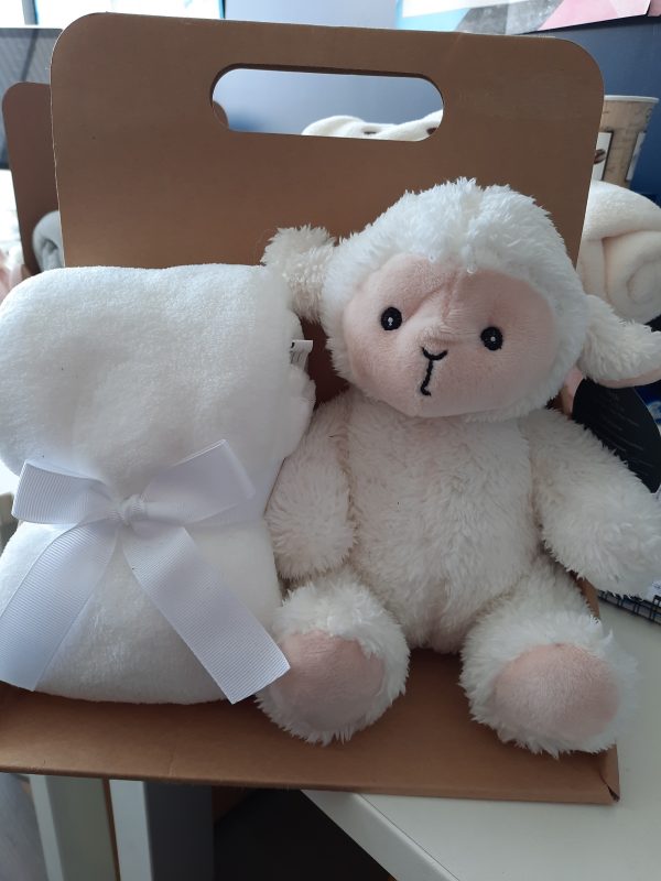 an image of a lamb teddy and blanket giftset